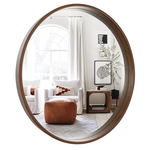 WallBeyond 28-Inch Round Wall Mirror with Wood Frame - Walnut Finish, Modern Home Decor for Bathroom Living Room Bedroom Entryway (Variation: Walnut / 28"L x 28"W)