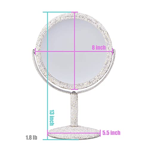 Bling Vanity Mirror with 2X Magnification - Crystal Rhinestone Double-Sided Makeup Mirror - TISHAA Variation of 2X Lens Version