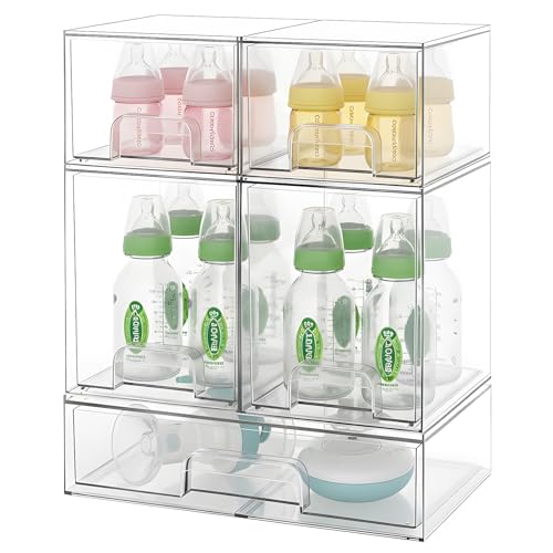 Baby Bottle Organizer Stackable, Acrylic Storage Drawers 5 pack with Non-Slip Pads, Pull-Out Drawers for Baby Bottle, Pump Parts, Pantry, Vanity Countertop (4.4" and 7.6" Tall and 12.1" Wide)