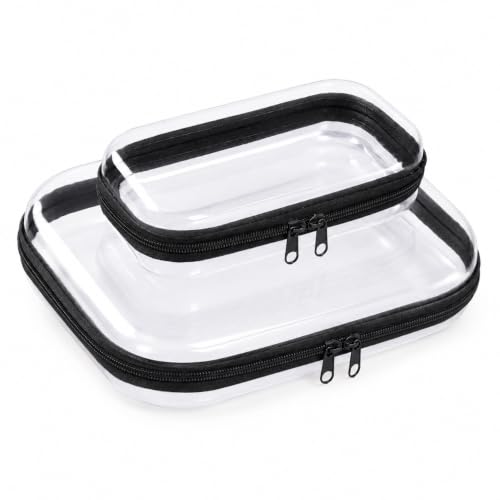 2-Pack Clear Hard Shell Travel Toiletry & Organizer Cases - TSA Approved Waterproof Zipper Pouches