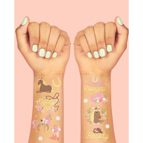 xo, Fetti Pink Horse Girl Temporary Tattoos - 52 Gold Foil Pcs | Cute Cowgirl Birthday Accessory, Pony Bachelorette Party Favor, Cute Kids Activity