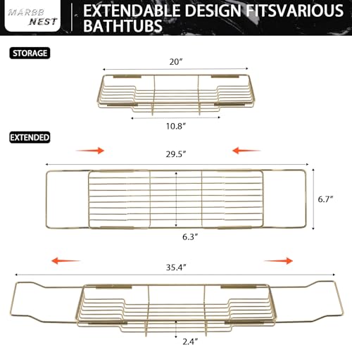 Bathtub Tray Caddy for Luxury Bath Expandable Extra Wide Bath Tub Tray with Natural Marble Tray and Mobile/Tablet Stand, Ideal for Home Spa Lovers (Gold + Black)