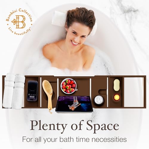 Bambüsi Brown Bamboo Expandable Bathtub Tray with Wine Holder & Book Stand