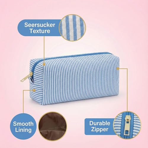 24 PACK Makeup Bags Bulk-Easter Gifts/Seersucker Bulk Cosmetic Bags/Bridesmaid Proposal Gifts/Makeup Pouch for Wedding Party Favors Birthday/Teacher/Mothers Day Gifts/Toiletry Travel Bags(24, Blue)