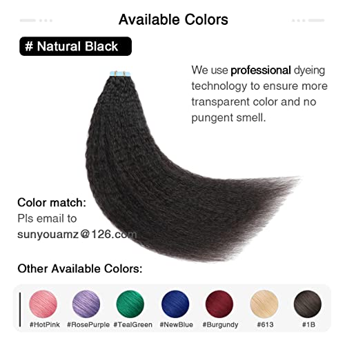 Kinky Straight Tape-In Hair Extensions 12 Inch Jet Black - Natural Remy Human Hair, Seamless & Lightweight, Variation of 12 Inch / #1B Natural Black_KS