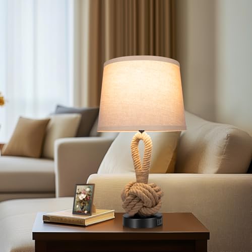 22-Inch Hemp Rope Nightstand Lamps Set of 2 with USB Ports - Boho Rattan Bedside Lamps, 3 Color Temperatures, Includes Bulbs - Natural Variation of THIS listing