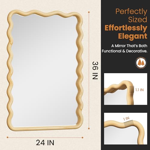 TRAHOME Natural 36" x 24" Wavy Wood Bathroom Vanity Mirror - Boho Wall Decor