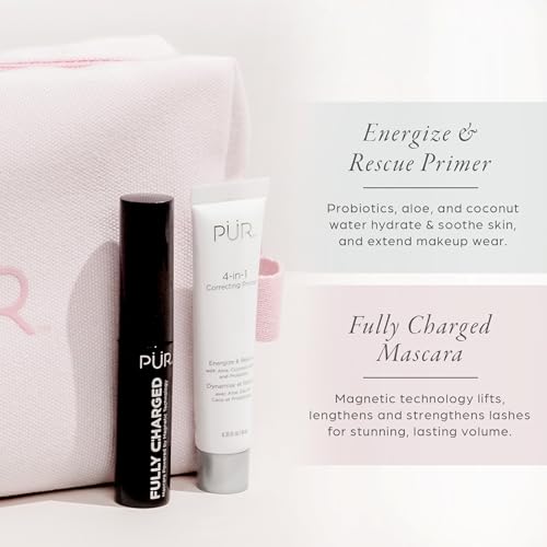 P?R Minerals Multitasking Essentials Kit - Makeup Gift Set Includes 4-in-1 Correcting Primer, Fully Charged Mascara, 4-in-1 Pressed Mineral Powder & 1 Chisel Brush