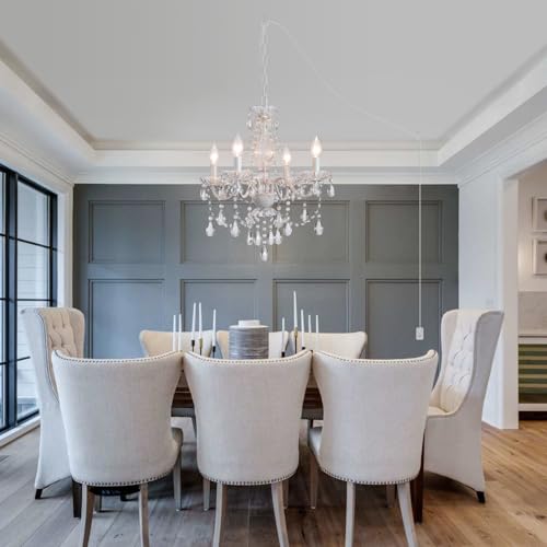 AMZASA Plug-in White Crystal Chandelier 4-Light Pendant Light for Kitchen & Dining – Adjustable Height, Easy Assembly