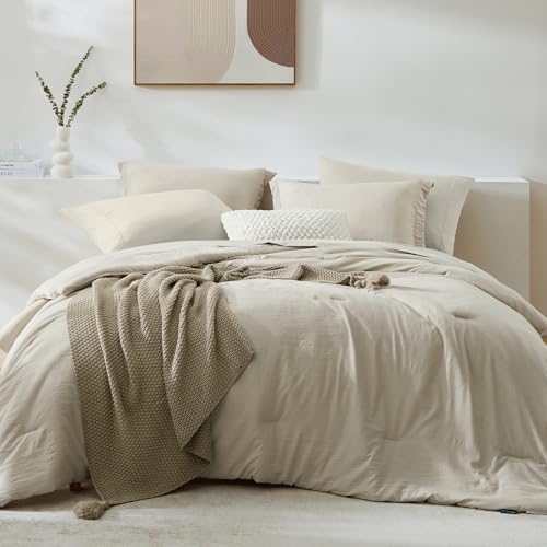 Queen Comforter Set - 7 Pieces Soft Microfiber Bedding in a Bag - Light Oatmeal, Queen (90x90)