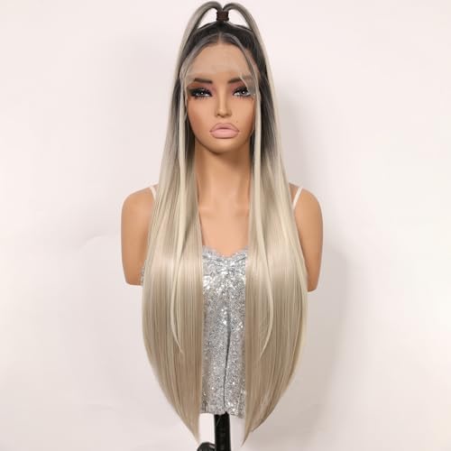 Balayage Ice Platinum Blonde Lace Front Wig with Dark Roots - Ash Blonde Highlights for Women