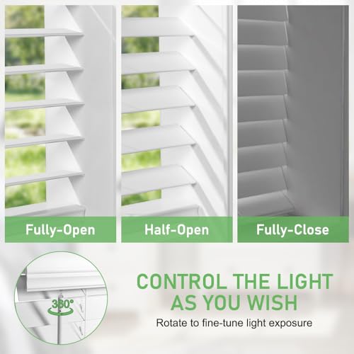 Faux Wood Blinds for Indoor Windows - 58x60 Inch White Cordless Room Darkening Shades with Crown Valance