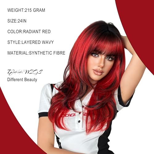 Cherry Red Ombre Black Layered Tail Wig 24 Inch with Dark Roots - Heat-Resistant Synthetic Fiber, Cosplay & Daily Wear