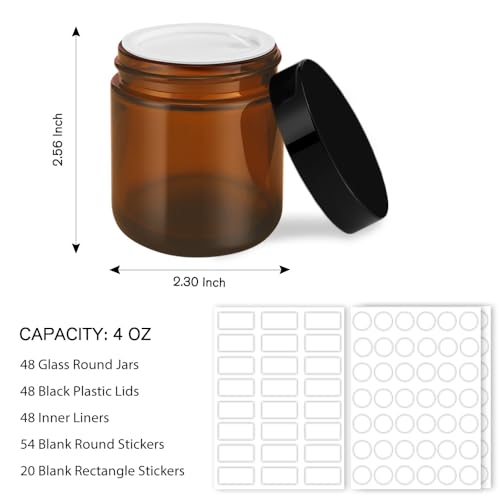 Tecohouse 4 oz Amber Glass Jar with Lids, 48 Pack Small Candle Jars with Lids & Sticker, Empty Cosmetic Containers for Sample, Cream, Spice, Lotion, Ointments Drying jar
