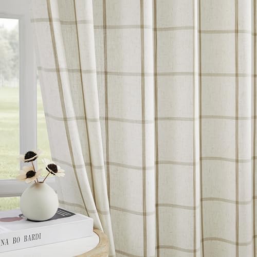 Vision Home Flax Linen 60x95 Inch Plaid Pinch Pleated Semi Sheer Curtains Pack of 2