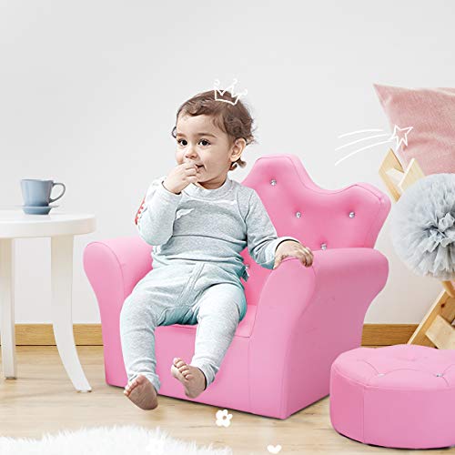 Kids Pink Princess Sofa Set with Ottoman - Toddler Upholstered Couch, Diamond Decor
