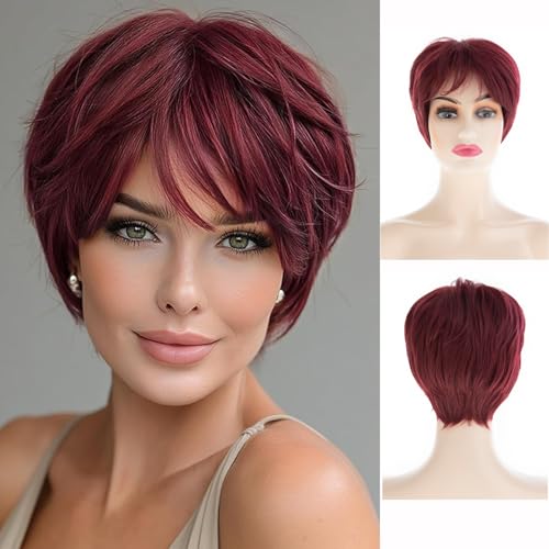 RicHyun Burgundy Pixie Cut Wig with Bangs – Short Natural Synthetic Wig for Women