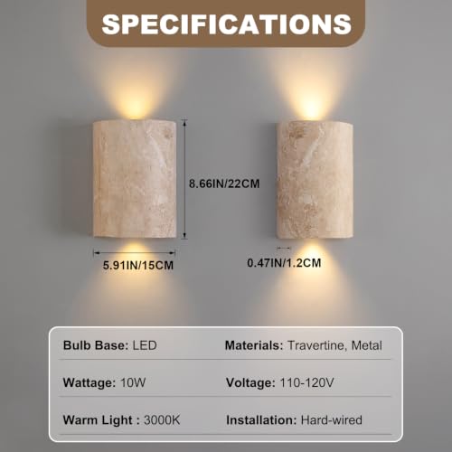 Natural Travertine Wall Sconce with Warm LED Light - Modern Japandi Minimalist Wall Lamp for Bedroom Living Room Hallway
