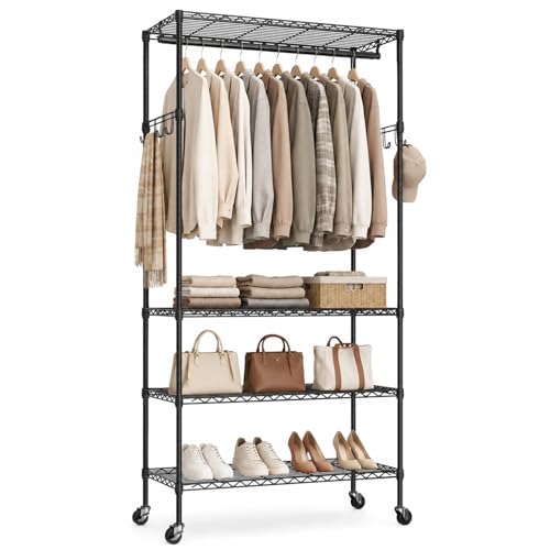 Black Rolling Clothes Rack with 4 Adjustable Shelves - Heavy Duty Portable Closet Organizer