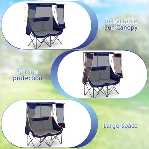 Teenyyou Double Camping Chair with Canopy - Blue & Grey Heavy Duty Support 660lbs