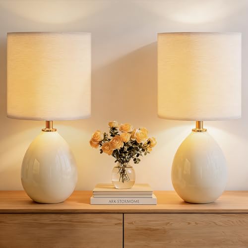 Ceramic Table Lamps Set of 2 - Cream Linen Shade, 17.7 Inch - Living Room & Bedroom Decor