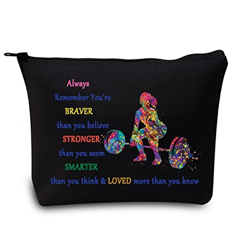 LEVLO Weight Lifting Cosmetic Make Up Bag Weightlifter Gifts Idea You Are Braver Stronger Smarter Than You Think Weightlifting Makeup Zipper Pouch Bag For Women Girls (Weight Lifting Black)