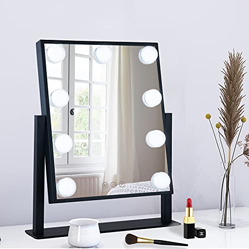 Lighted Makeup Mirror Hollywood Mirror Vanity Mirror with Lights, Touch Control Design 3 Colors Dimable LED Bulbs, Detachable 10X Magnification, 360¡ÆRotation, Black.