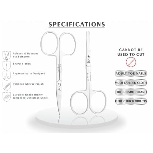 SILLVER Facial Hair Small Grooming Scissors for Men Women - Rounded and Curved - Eyebrow, Nose, Beard, Mustache, Eyelashes, Dry Skin and Ear Hair Trimming Scissors