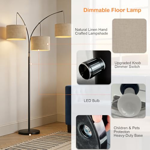 VANZBON 80 Inch Beige Arc Floor Lamp with Remote Control and 3 Adjustable Shades