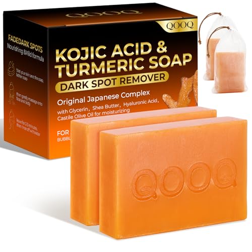 QOOQ Turmeric Kojic Acid Soap for Dark Spots Remover ? Facial Cleansing Bar with Vitamin C, Retinol, Collagen, Vitamin E, Glycerin, Shea Butter & Castile Olive Oil ? Soap for Women & Men (120g x 2)