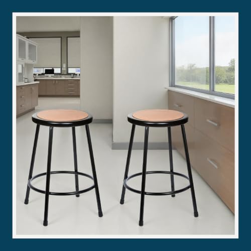 Black 18-Inch Commercial Steel Round Stool with Wood Seat - 2 Pack