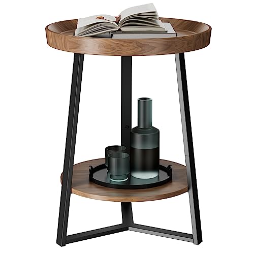 Round End Table with Storage Shelf - Brown 2-Tier Farmhouse Nightstand