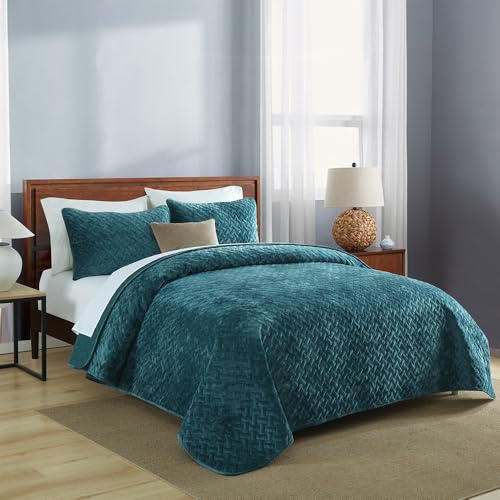 Velvet Bedspread Quilt Coverlet Bedding Set - Teal Queen Size (90x98 inches)