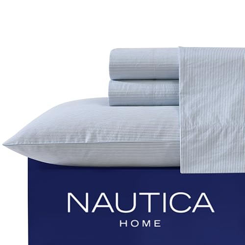 Nautica Queen Sheet Set with Fitted Sheet & Pillowcases - Penny Pinstripe Blue