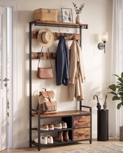 Hall Tree with Bench and Shoe Storage - 34.6" Entryway Coat Rack with Variation 34.6"x11.8"x70.8"