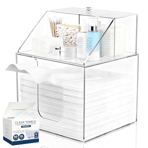 Disposable Face Towel Storage Box Compatible with Clean Skin Club XL, 3-in-1 Detachable 2-Layer for Cleaning Accessories, Face Towel Holder for Bathroom, Vanity Makeup, Holds 50, Clear Acrylic