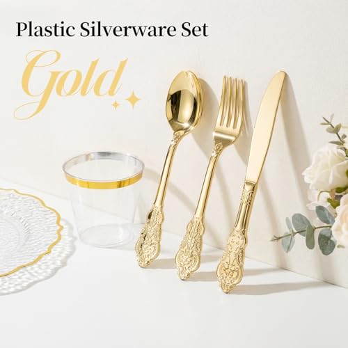 N9R 300PCS Gold Plastic Silverware Set - Vintage Disposable Utensils for Parties