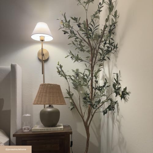 Brass & White Plug-in Wall Sconce with Cotton Shade - Set of 1