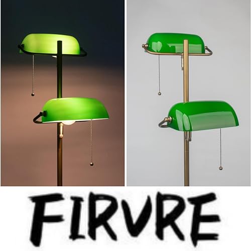 FIRVRE Green Glass Banker Floor Lamp with Adjustable Arm & Pull Chain Switch - Vintage Style Reading Light for Bedroom Office