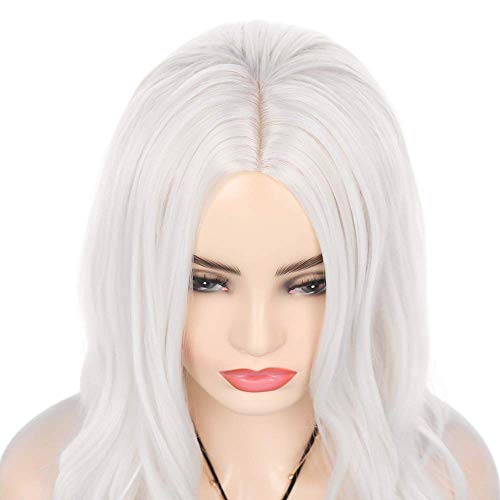 White Long Curly Wavy Costume Wig for Women Girls - Heat Resistant Synthetic, Middle Part, Halloween Cosplay