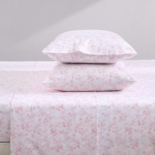 Queen Cotton Sateen Sheet Set with Pink Floral Design - Bella Pink