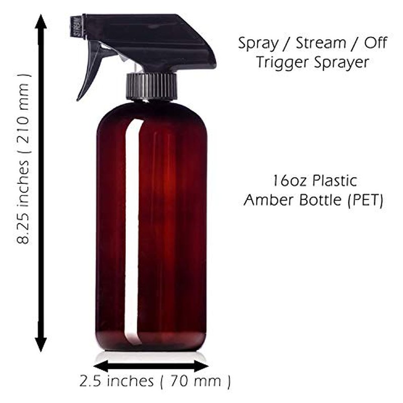 16oz Amber Plastic Bottles with Black Trigger Sprayers, BPA Free PET Plastic (2 Pack)