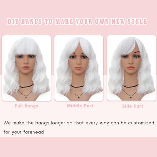 White Wavy Bob Wig with Bangs - Short Shoulder Length Cosplay & Party Hair - Variation: White