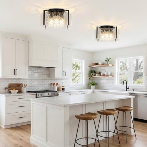 Black 16-Inch Semi-Flush Mount Ceiling Light with Hammered Glass Drum Fixture