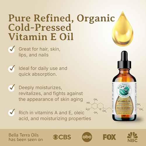 Bella Terra Oils Natural Vitamin E Oil 4oz - Wheat Germ Derived Face, Body & Hair Treatment