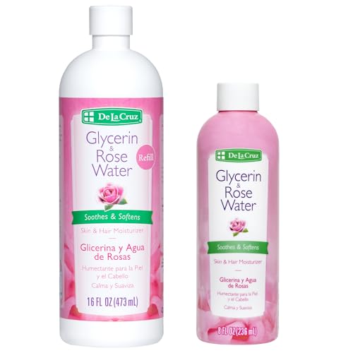 De La Cruz Rose Water and Glycerin for Face Bundle ? Rosewater Facial Toner and Moisturizer for Skin and Hair - 8 fl oz + 16 fl oz Refill Bottle