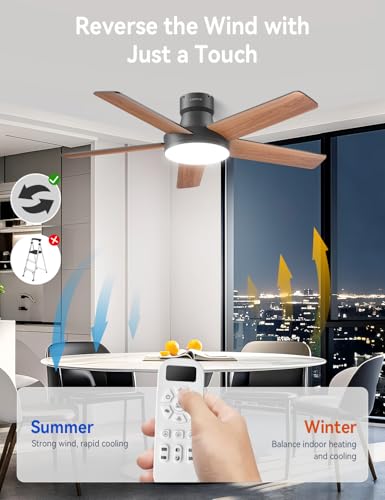 44 Inch Black Ceiling Fan with Lights and Remote - Dimmable, Quiet, Reversible, Low Profile
