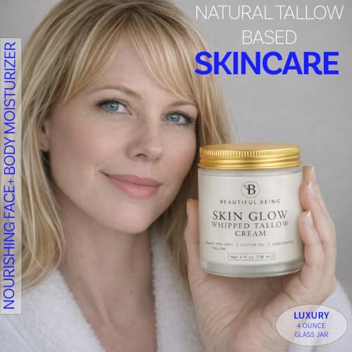 Beautiful Being Skin Glow Grass-Fed Whipped Beef Tallow Moisturizer Unscented 4oz (Face & Body) – Castor Oil Infused