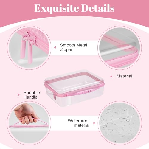 Bottom-Deepened-3 Pack Clear Hard Shell Zipper Case L+M+S,Portable Zipper Bags Waterproof Cosmetics Bags,Organizer Pouch For Snacks,Toy,Diapers,Travel,Pink