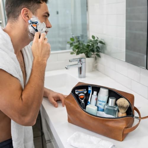 Buffalo Leather Travel Toiletry Bag - Tan Dopp Kit for Men & Women, Organizer with Zipper